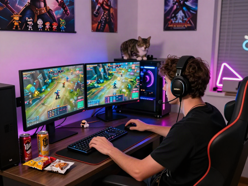 Gamer immersed in porngame action in a colorful gaming setup