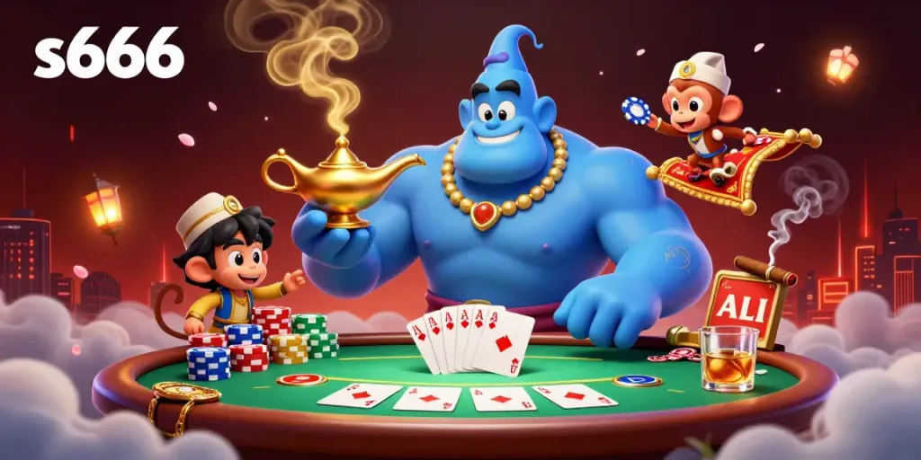 Experience the magic of s666 with a vibrant illustration depicting a genie, poker elements, and dynamic casino atmosphere.