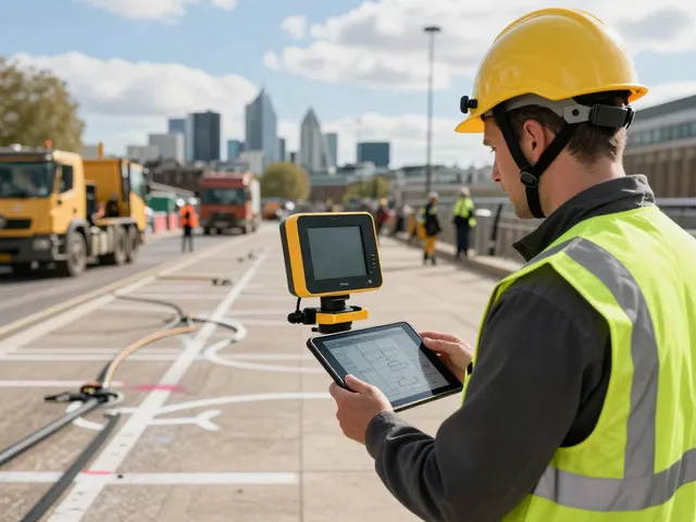 Utility Survey London professional using ground penetrating radar to map underground utilities in the city.