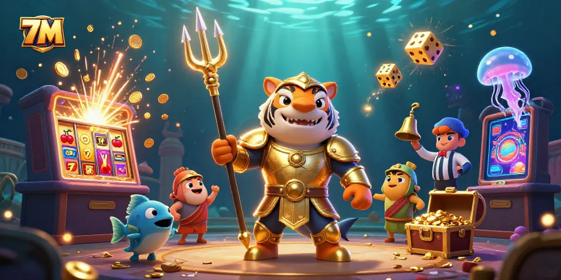 Experience the excitement of 7M with dynamic slot machines and underwater champions in a vibrant casino scene.