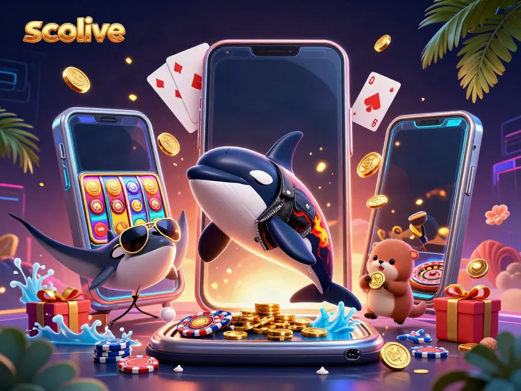 Socolive encourages excitement with a dynamic scene featuring an orca in a biker jacket, gold coins, and casino elements.