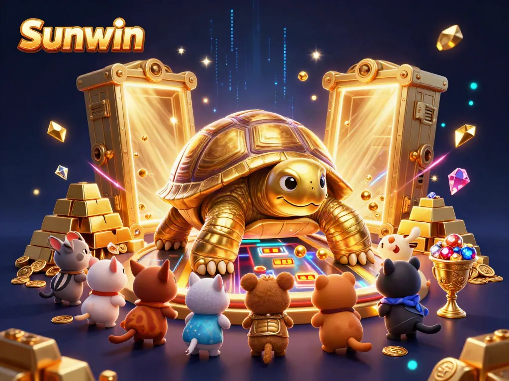 Engage with Sunwin's ultimate gaming adventure featuring a lively tortoise pinball machine surrounded by treasures