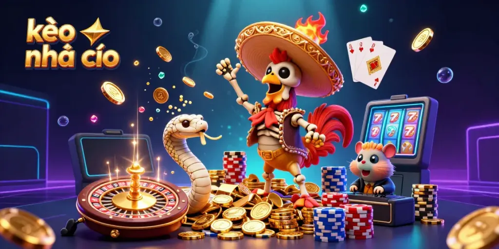 Experience kèo nhà cái with excitement from dynamic sports betting characters celebrating amidst vibrant casino elements.