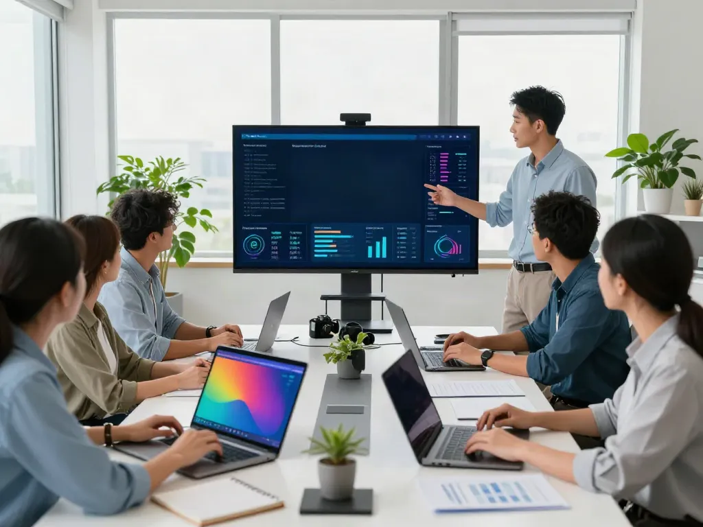 Paid Ads Management team in a modern conference setting, analyzing strategies.