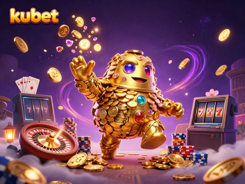 Engage with kubet through immersive games illustrated with vibrant casino elements and animated gold coins.