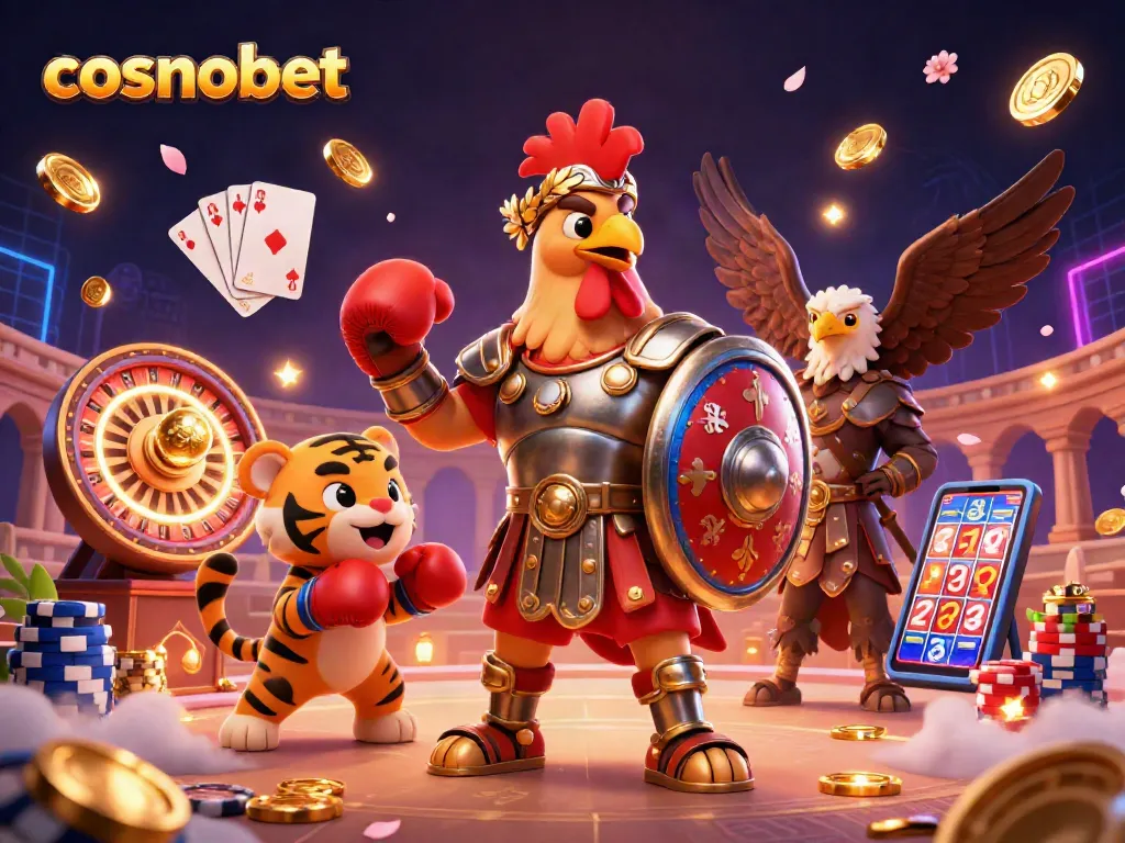 Experience the thrill of cosmobet casino with 3D characters and dynamic gaming elements in a vibrant animated scene.
