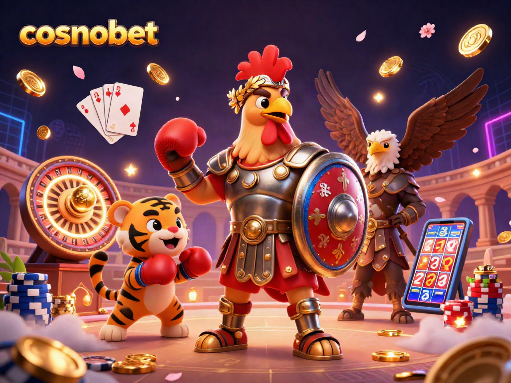 Experience the thrill of cosmobet casino with 3D characters and dynamic gaming elements in a vibrant animated scene.