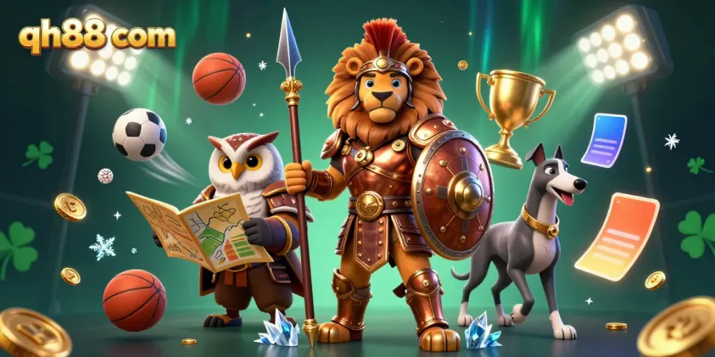 Engage with qh88 com in a dynamic scene showcasing a Spartan lion, owl strategist, and greyhound messenger in an action-packed casino atmosphere.