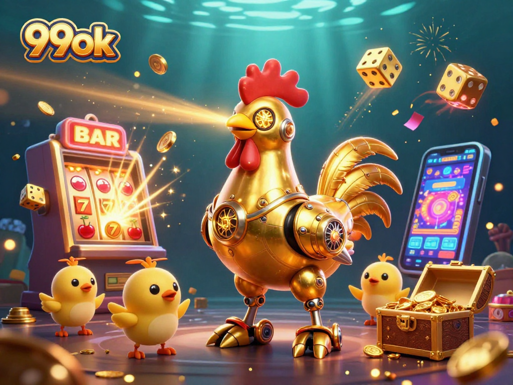 Engage with 99ok's vibrant casino world featuring a golden rooster robot and thrilling jackpot action.