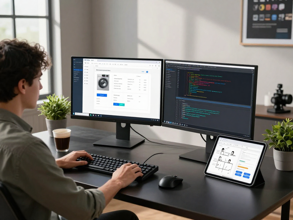 Laundry POS software interface displayed on dual monitors in a modern software development workspace, showcasing a developer engaged in coding.