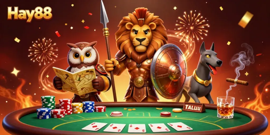 Experience thrilling gaming action with Hay88's vibrant casino scene featuring dynamic characters and colorful poker elements.