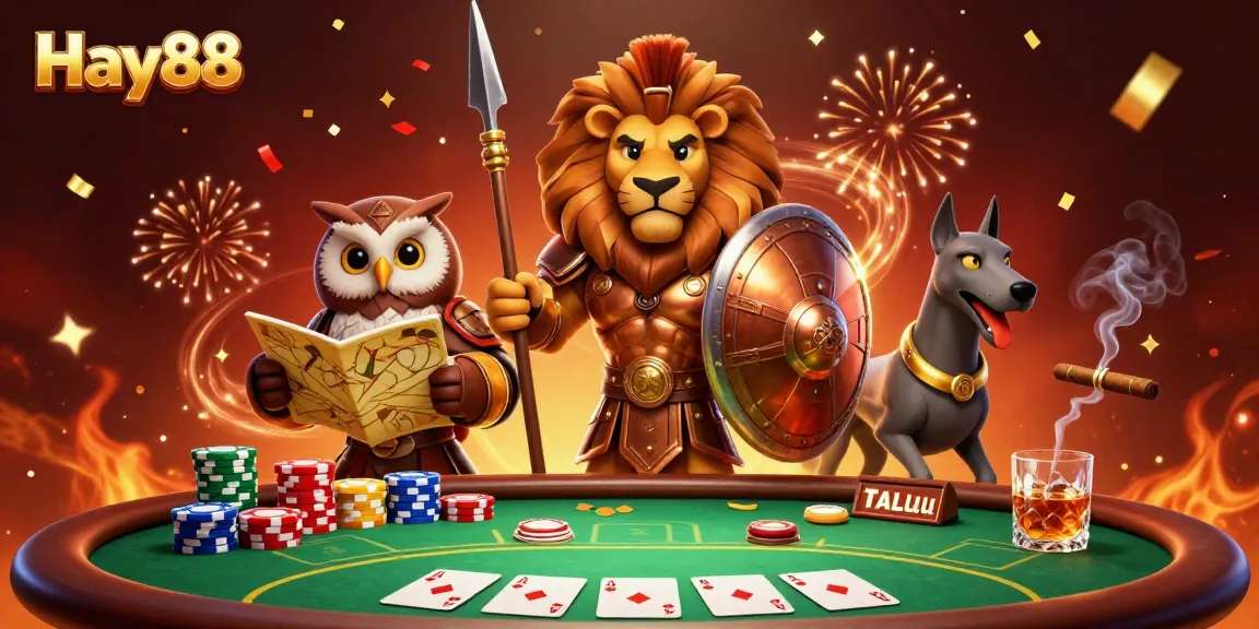 Experience thrilling gaming action with Hay88's vibrant casino scene featuring dynamic characters and colorful poker elements.