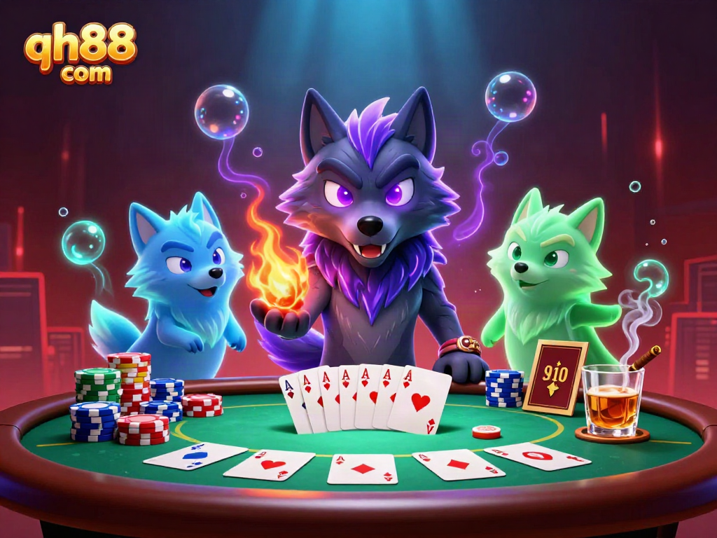 Experience thrilling gameplay at qh88 com with a vibrant casino scene featuring spectral wolves and poker elements.