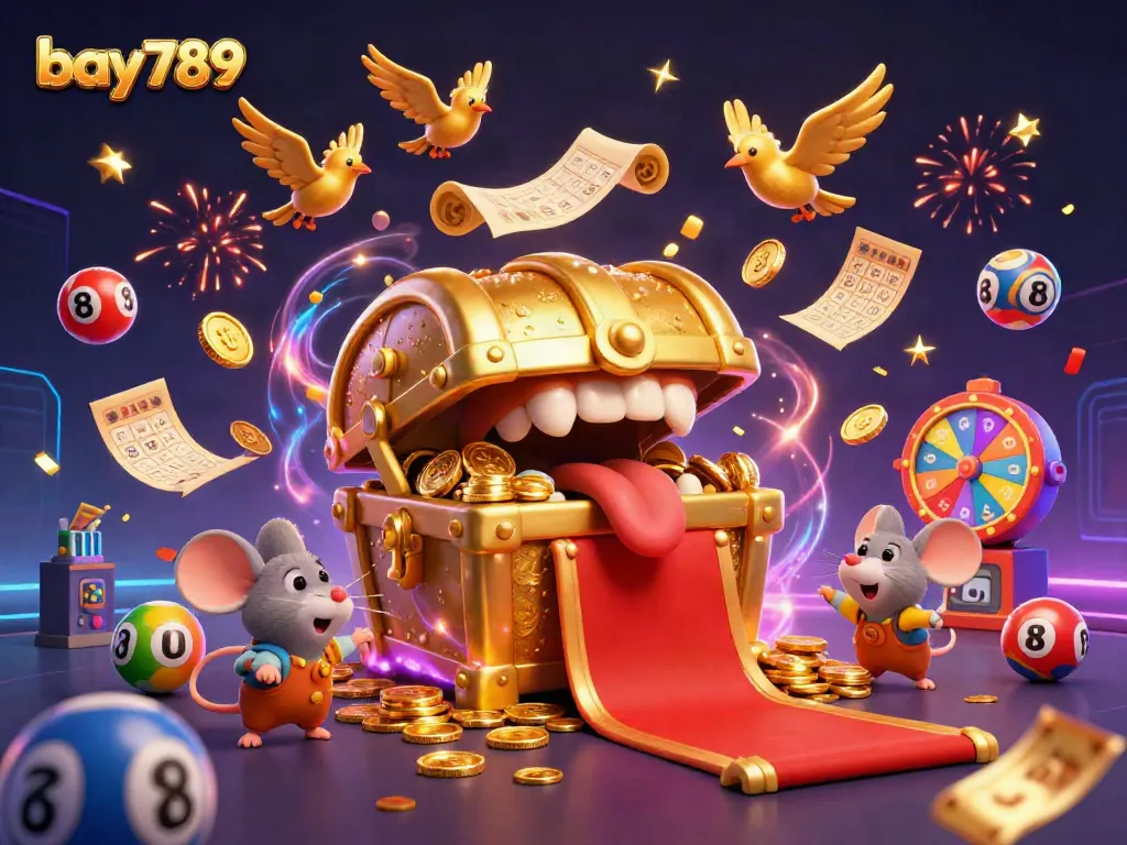Experience the thrill of bay789 with colorful lottery balls, gold rewards, and vibrant casino elements.