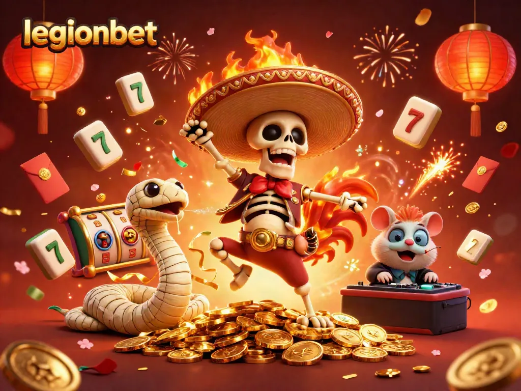 Experience the excitement of legionbet casino with animated characters celebrating wins amidst lucky symbols.