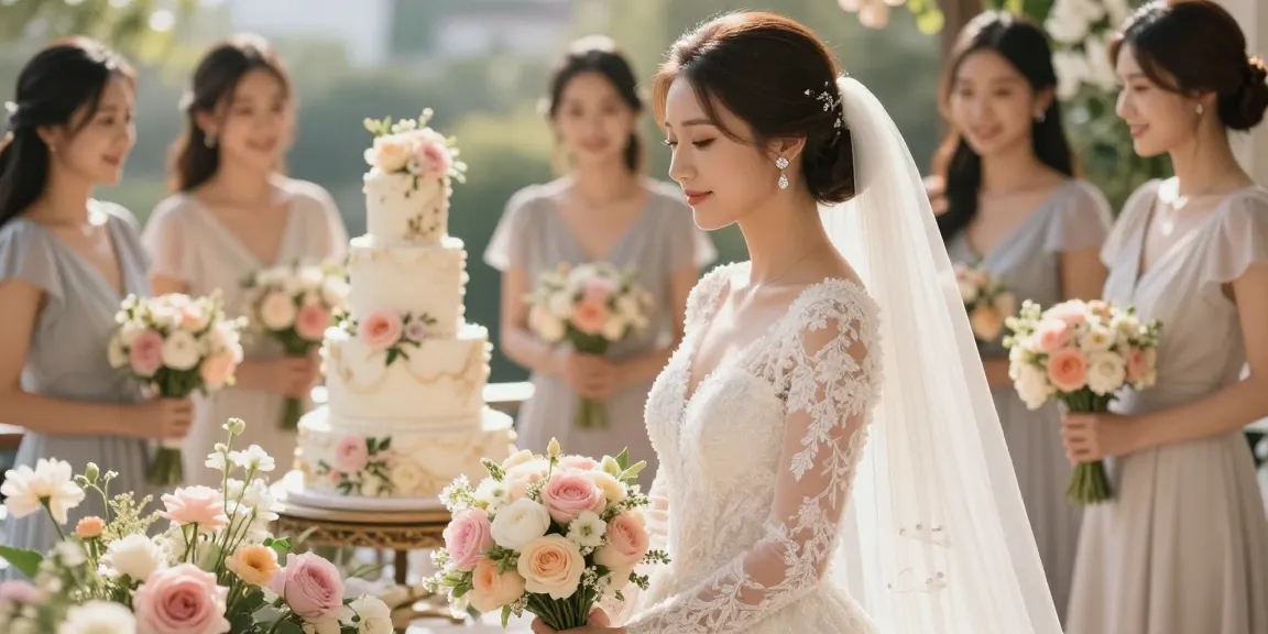 Bridal diamond earrings sparkle as a bride poses elegantly with floral decor and bridesmaids.