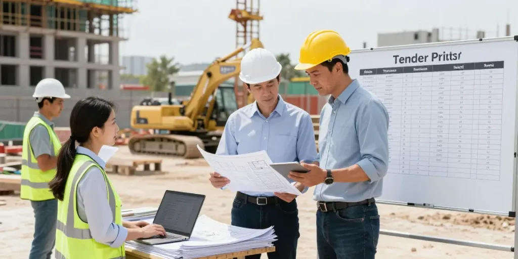 Tender pricing services reviewed on site by experts, showcasing teamwork in construction.