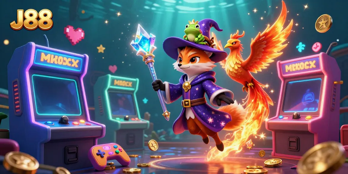 Experience the excitement of J88 with vibrant casino elements including slots, crystal staff, and golden sparkles.