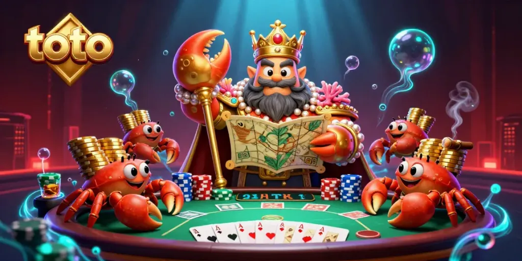 Experience the excitement of toto with a vibrant casino scene featuring a golden crab emperor and poker elements.