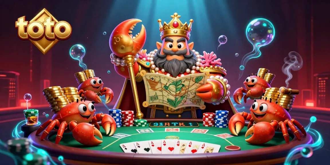 Experience the excitement of toto with a vibrant casino scene featuring a golden crab emperor and poker elements.