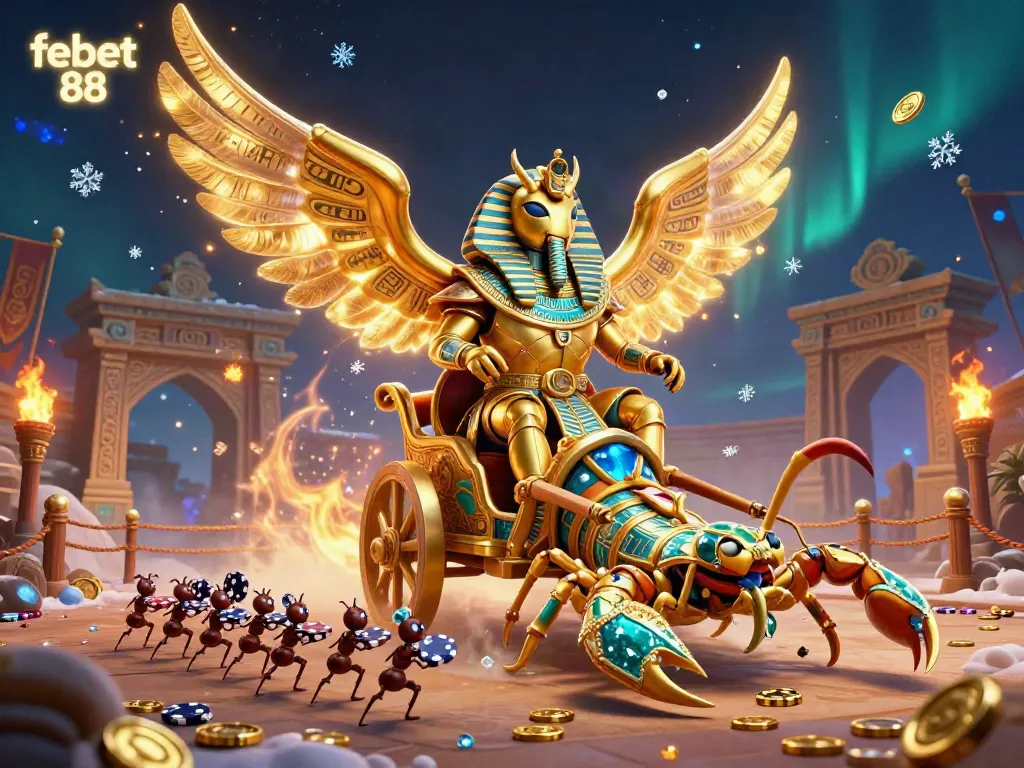 Experience epic wins with febet 88 in a vibrant 3D casino scene featuring a pharaoh beetle and scorpions.