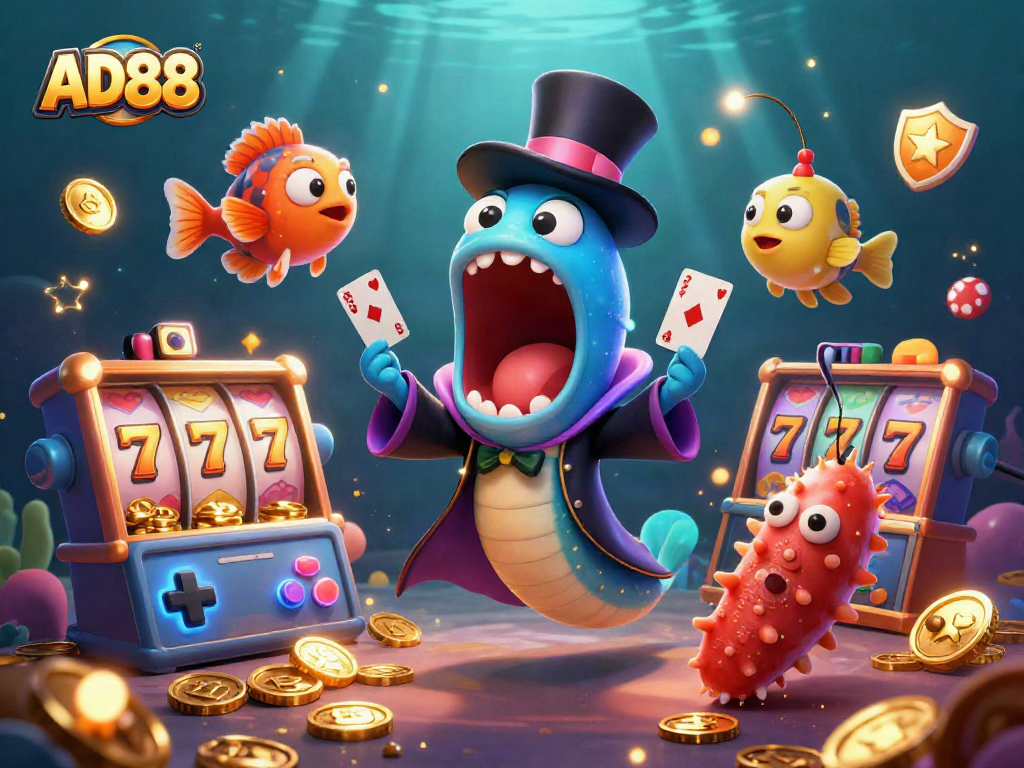 Engage in thrilling action at AD88 with slot reels and colorful game elements underwater