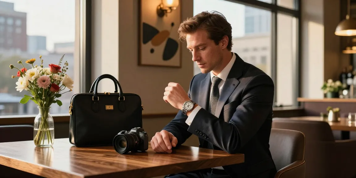 Man showcasing a luxury replica watch in elegant cafe ambiance, highlighting sophisticated style.