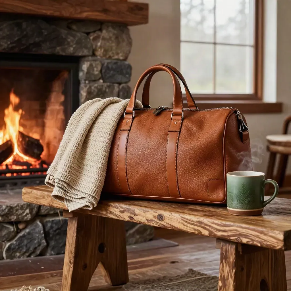 Leather duffel, knit blanket, boot bag and mug by a lodge fireplace in soft winter light.