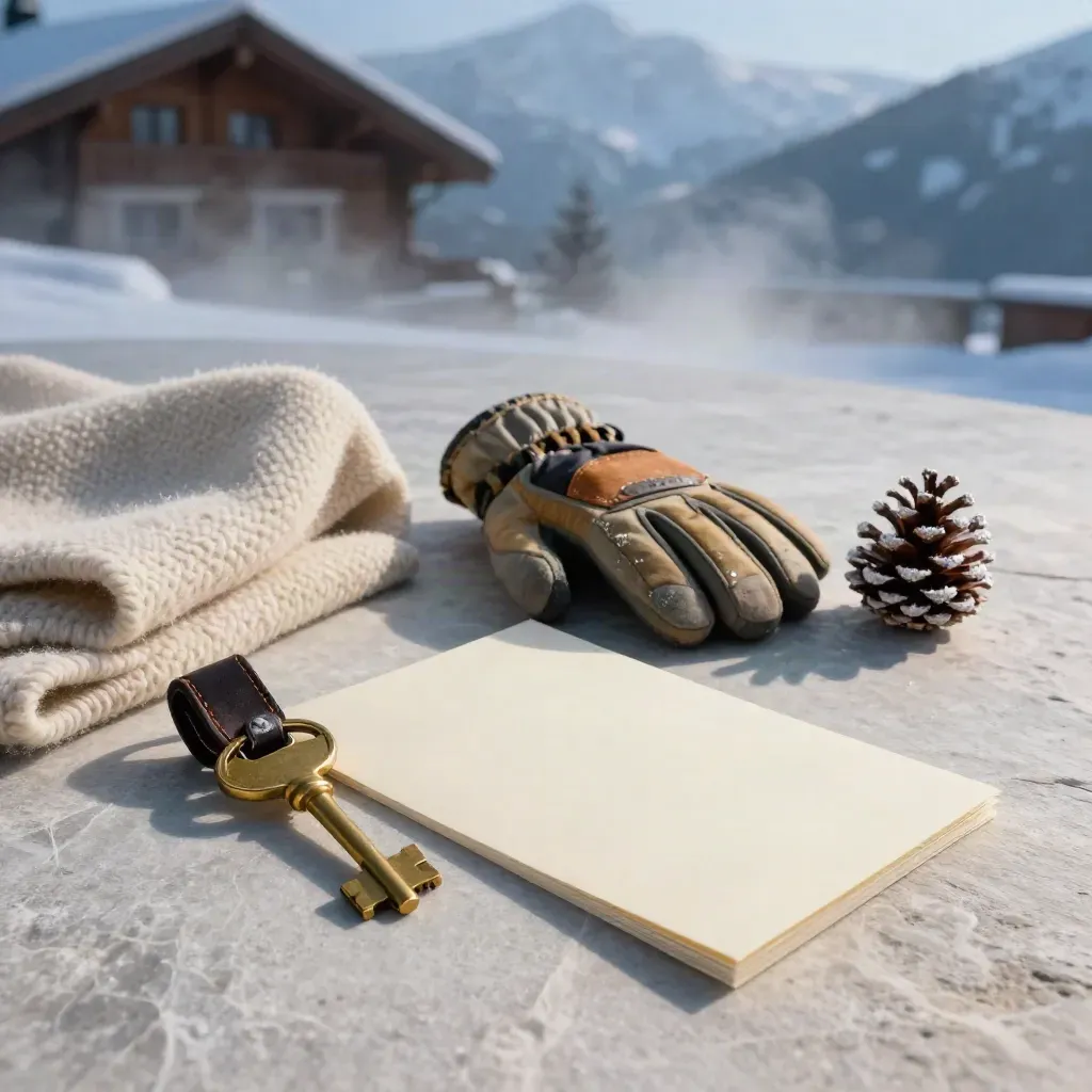Alpine chalet booking hero on a stone terrace with key, gloves, throw and itinerary sleeve in snowfall.