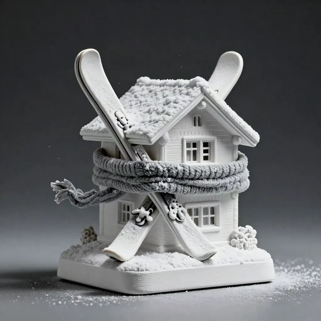 White chalet model with mini skis and a scarf against a dark studio gradient