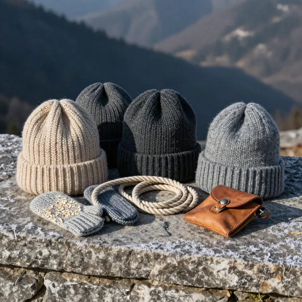 Wool hats, mittens, rope and leather pouch on a frosty stone step