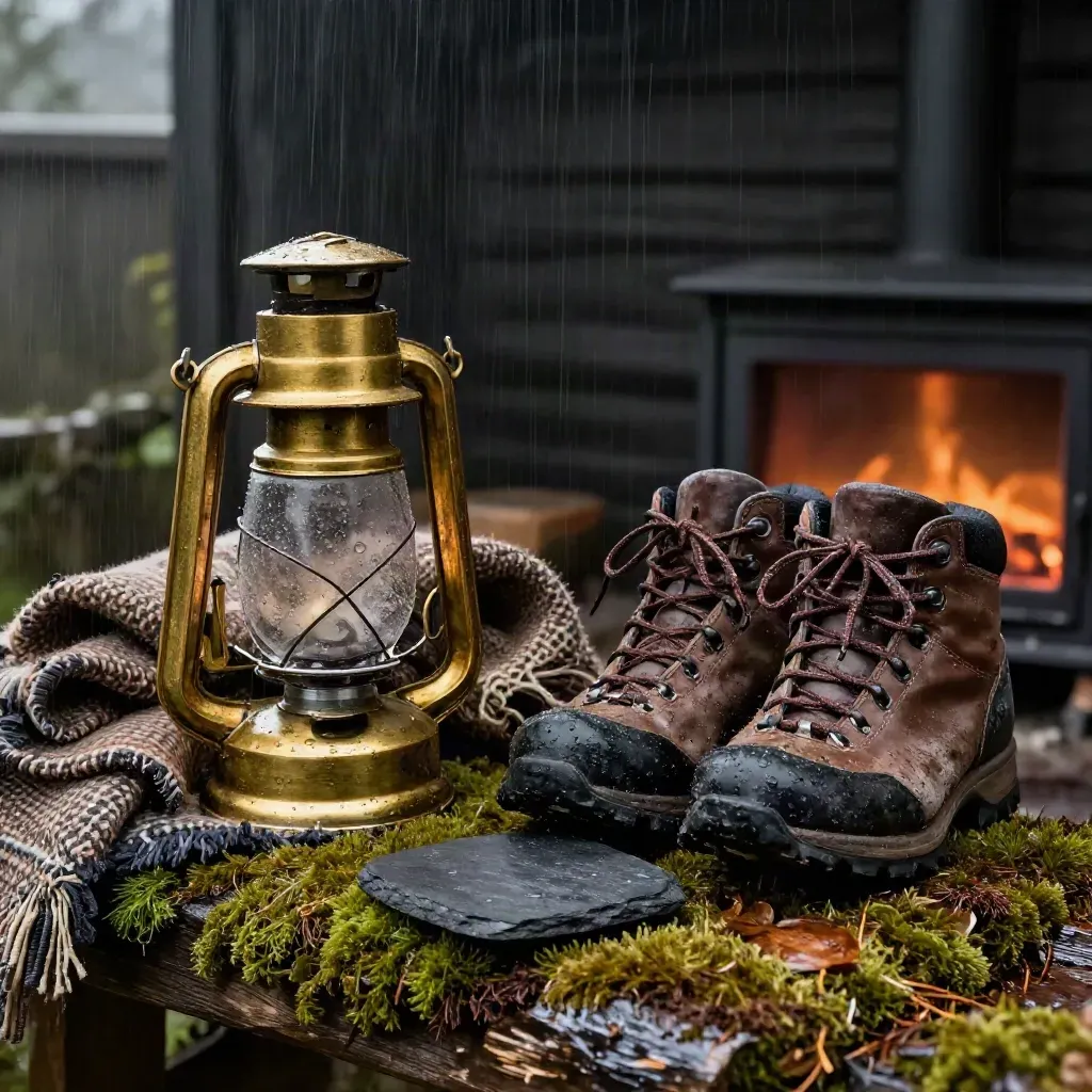 Rainy lodge still life with brass lantern, tweed blanket, boots and slate coaster.