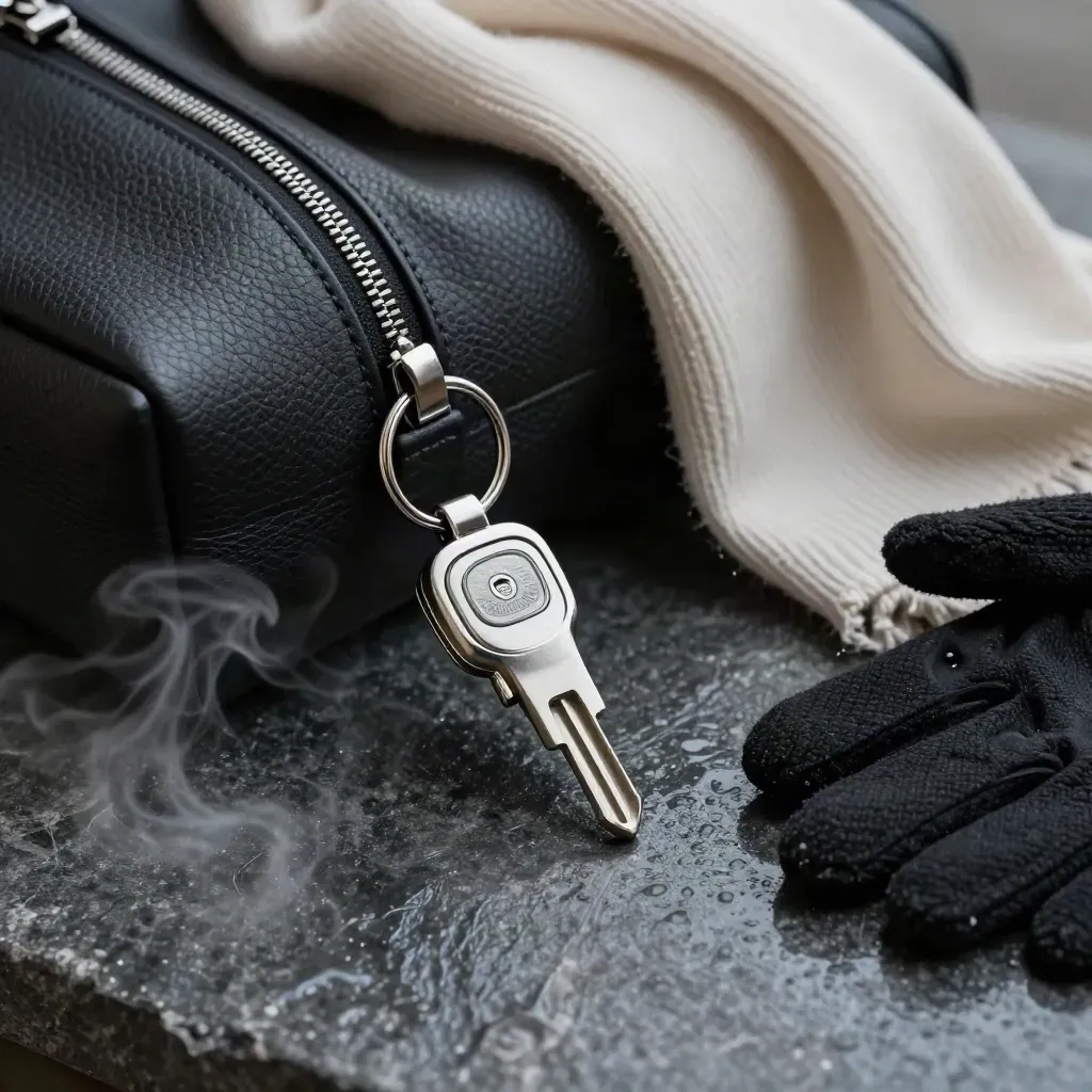Macro of a silver shuttle key fob, leather weekender, cashmere scarf and glove liner on dark stone.