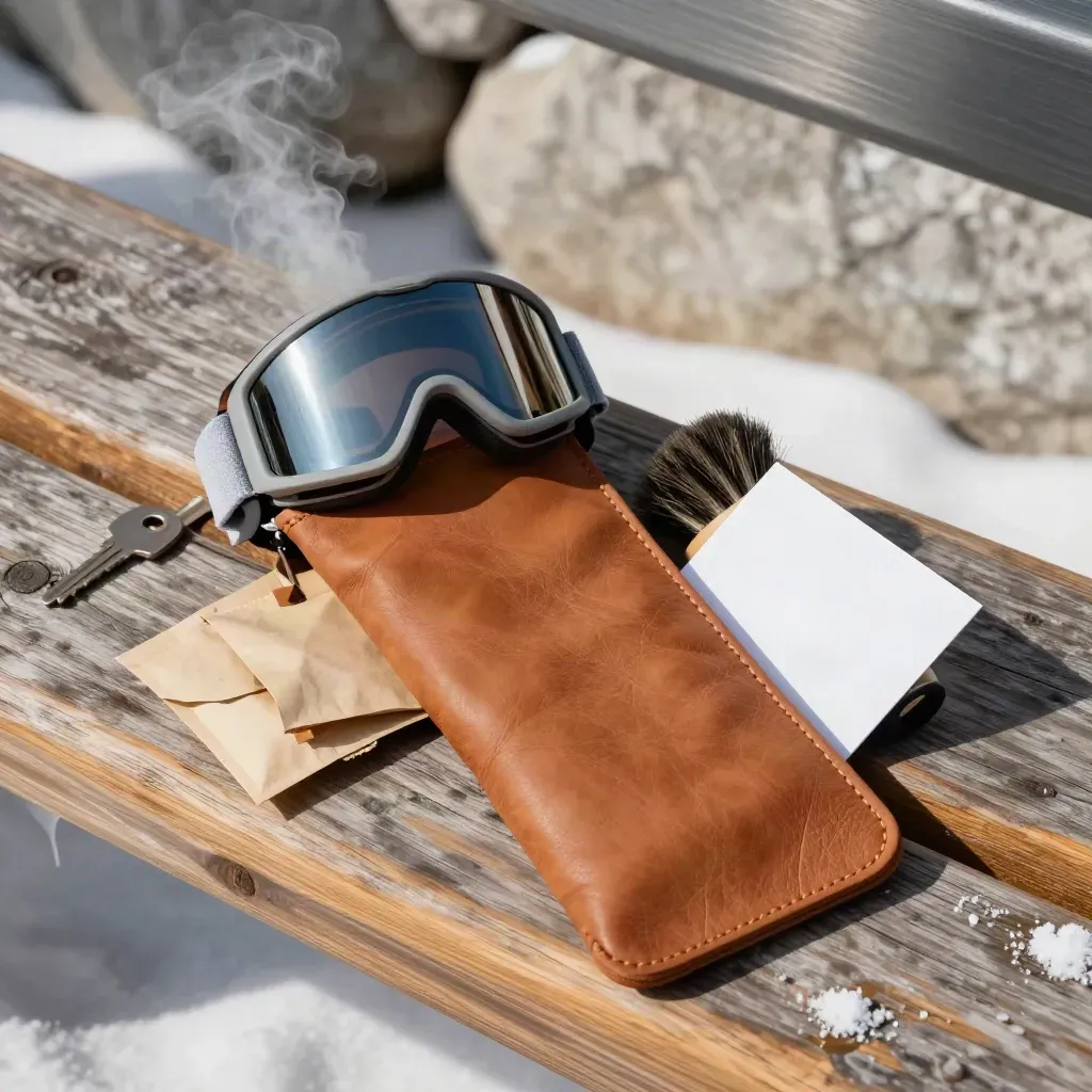 Top-down ski pass bundle with goggles, brush and sachets on a resort bench