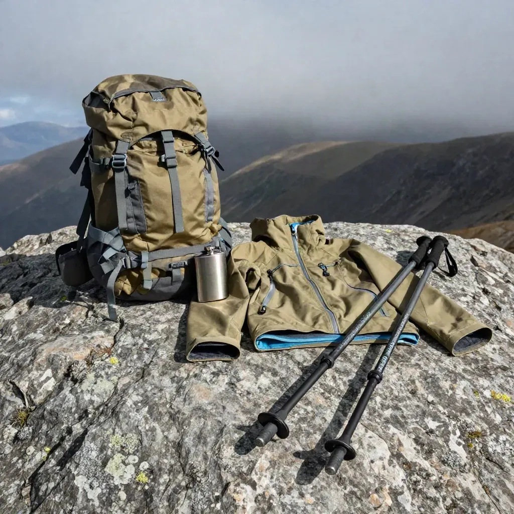 Hiking kit on a slate ridge with poles, pack, jacket and flask under misty mountain light.