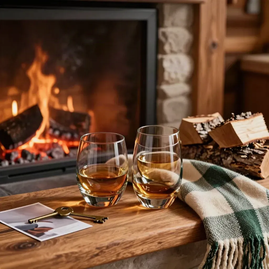 Hearthside chalet still life with tumblers, plaid throw, logs, and a brass key in firelight.