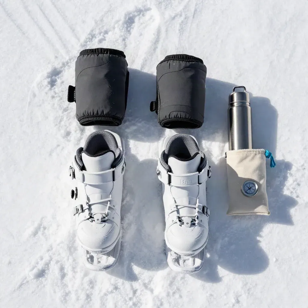 Overhead snowshoe kit on packed snow with thermos, gaiters and pouch