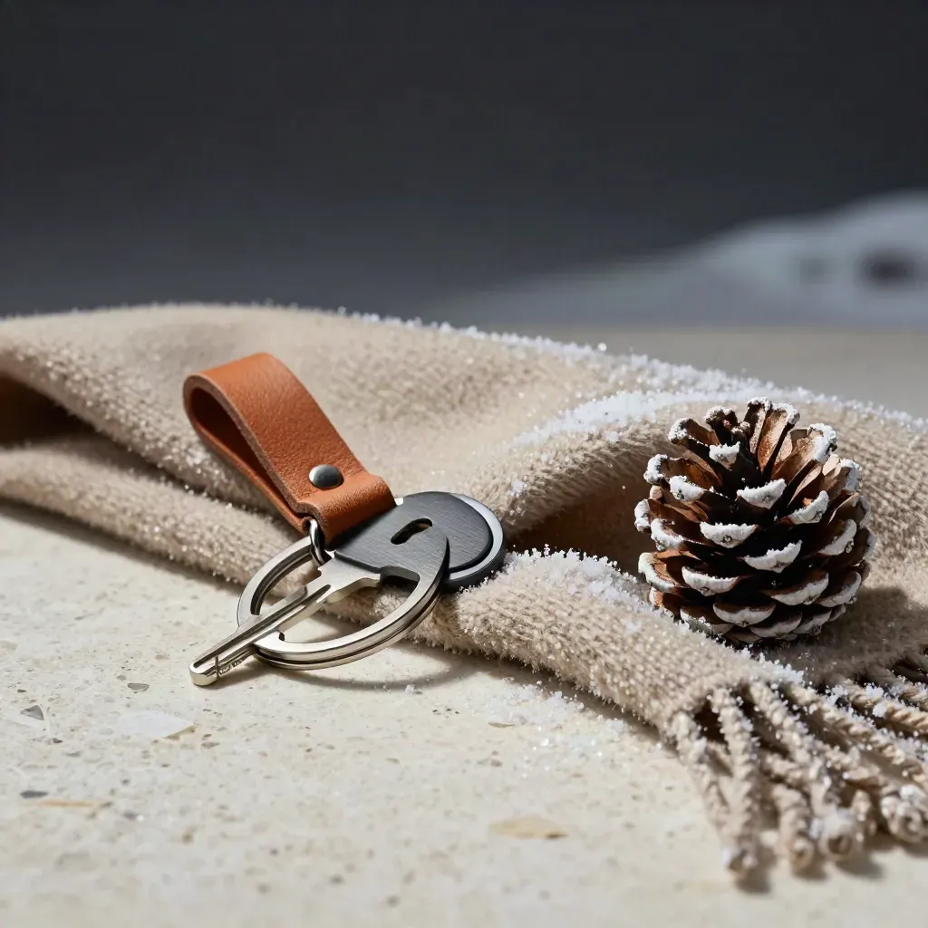 Chalet key ring, leather tab, wool scarf and snow-dusted pinecone on travertine