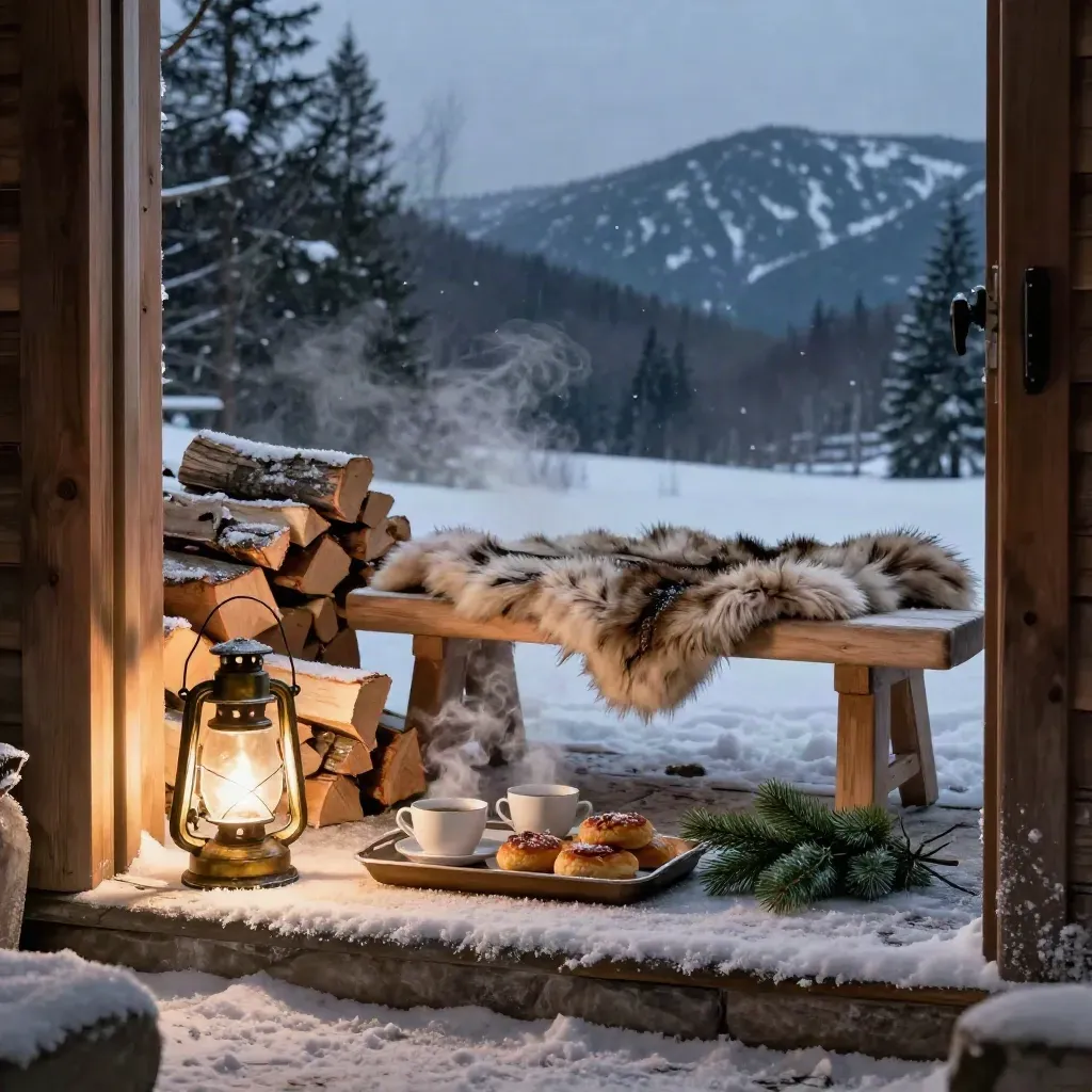 Lantern-lit lodge threshold with firewood, fur throw, steaming breakfast tray and falling snow