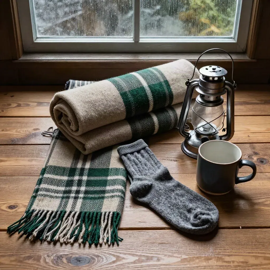 Overhead flatlay of a tartan throw, boot socks, lantern and mug on weathered oak.