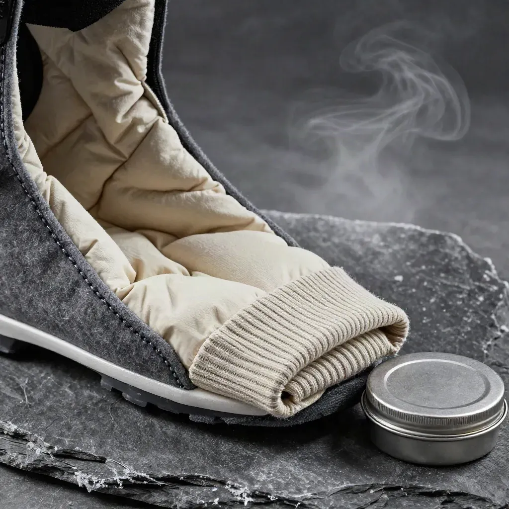 Macro close-up of ski boot liner, thermal base layer and wax tin on dark stone