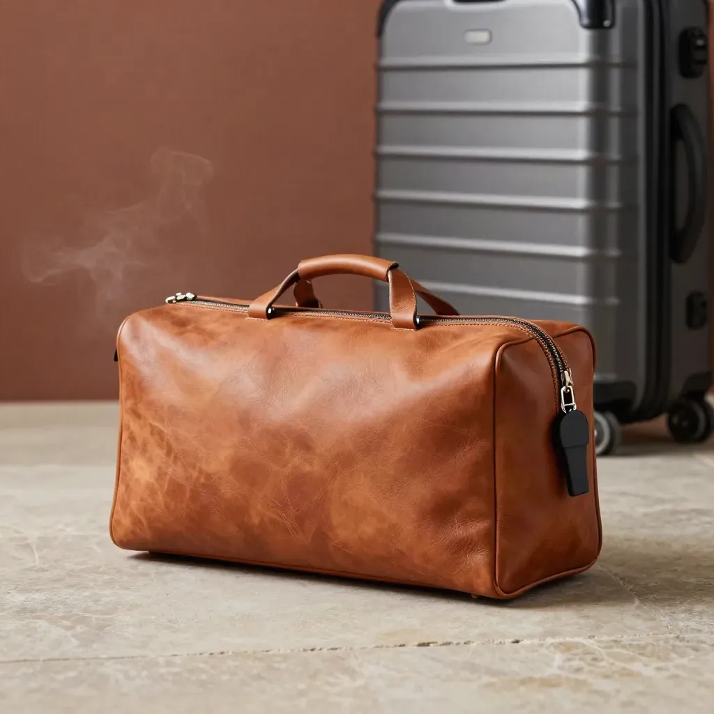 Leather travel pouch, compact suitcase, and key shell sliding on stone in a dim garage.