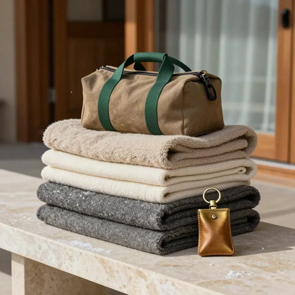Stacked lodge kit with wool throws, boot bags and brass pouch on a limestone bench
