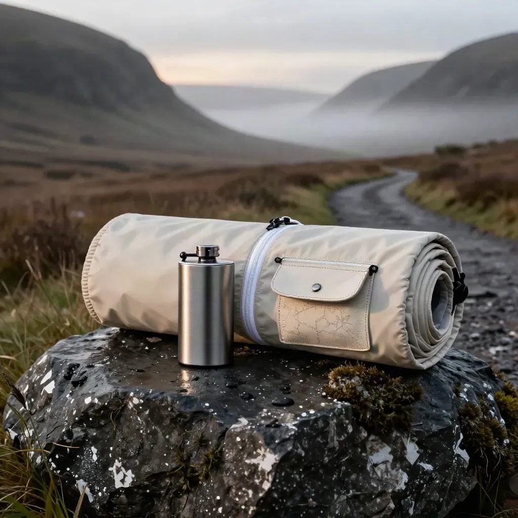Travel gear on a misty glen path at dawn: jacket roll, flask, map pouch, boot sole.