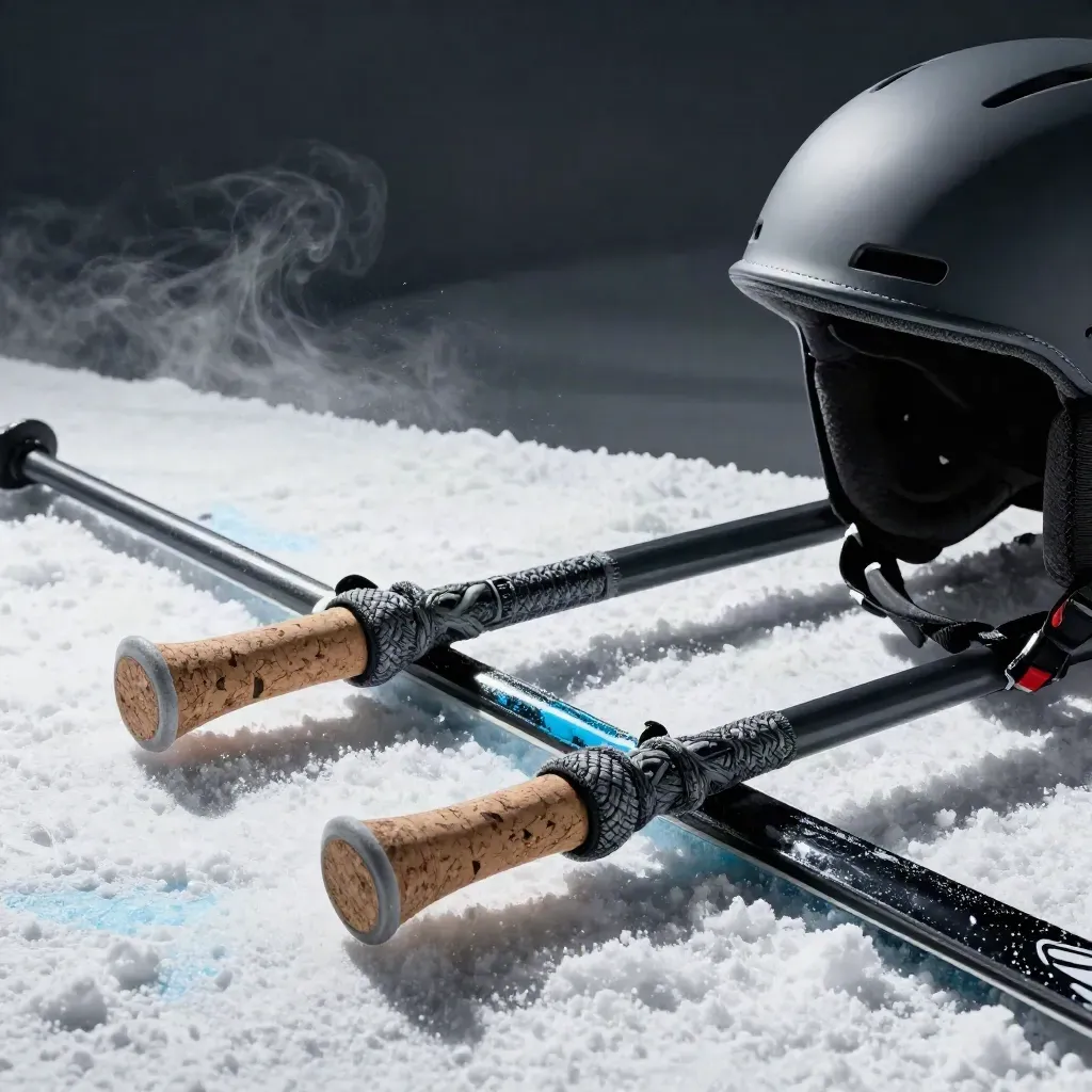 Close-up of ski poles, glove cuffs and a helmet liner on dark ice with blue glint