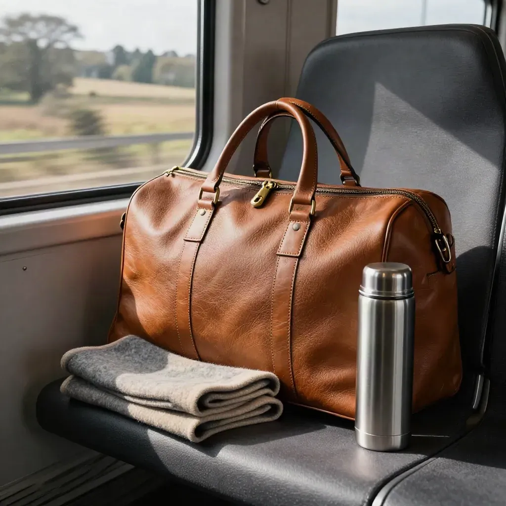 Leather overnight bag, scarf, and thermos on a train seat by the window.