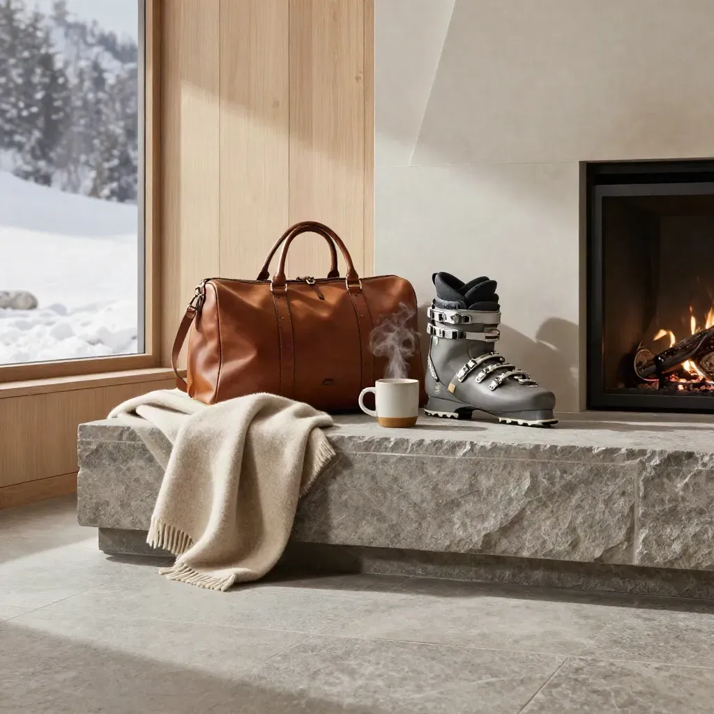 Alpine lounge with ski boots, weekender bag, wool throw, fireplace and snowy window light.