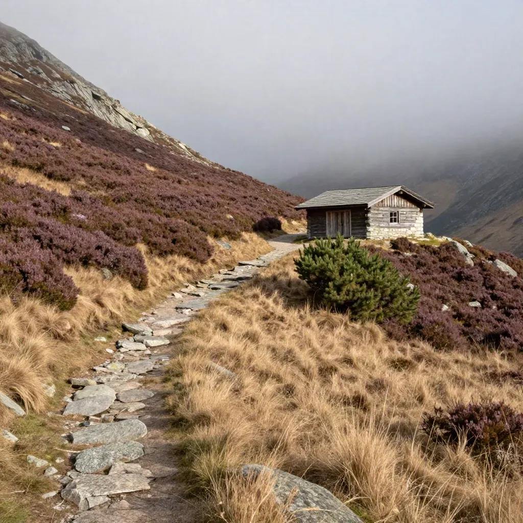 Alpine trail hut above a misty heather slope with switchbacks under a shadowed ridge.