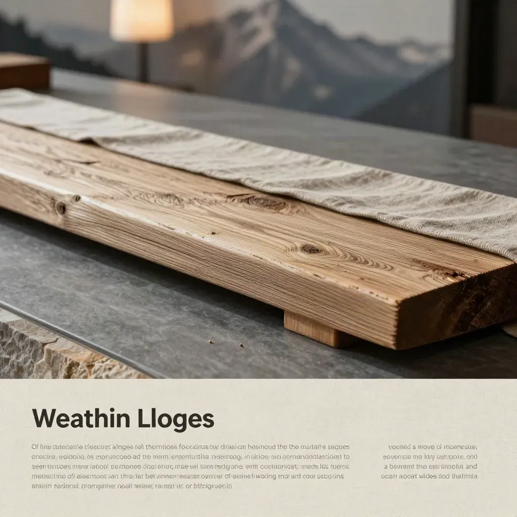 Weathered ash timber with linen runner and blurred mountain lamp on a calm lodge surface