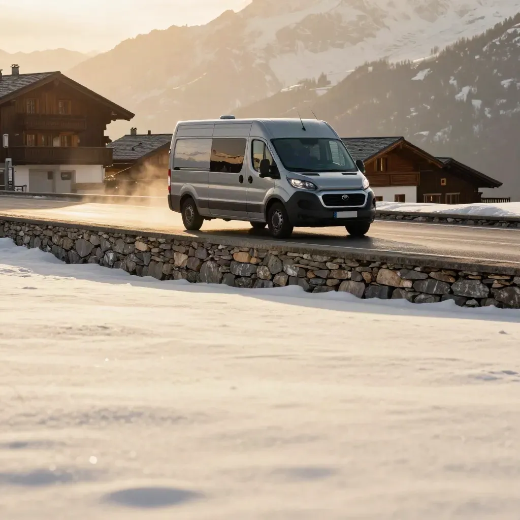 Silver shuttle van pulling into an alpine pick-up bay at dusk above a calm snowfield